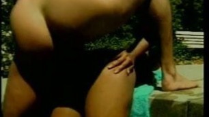 Ebony slut gets fucked in the ass and facialized poolside