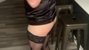 Sissy Whore in lingerie top and shiny high heel sandals