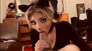 Blonde Teen in Halloween Cat Costume Fetish gives Blowjob and Gets Fucked in Leotard