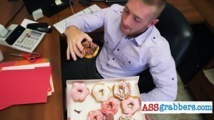 Boss Pranks His Horny Assistant With Some Sexy Donuts With His Big Dick On It!