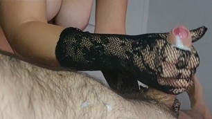 Slutty Amateur Handjob a Juicy Nice Cock Full of Cum with Lace Gloves